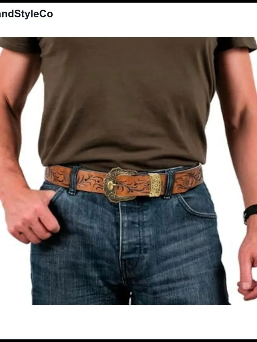 Western Cowboy Belt Floral Engraved Silver Buckle Faux Leather
